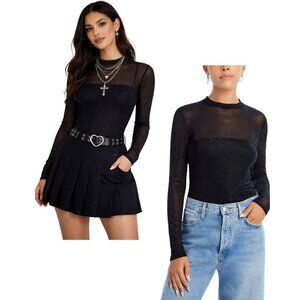 Generation Love Cole Crystal Sheer Mesh Top Black‎ Goth Y2K Clean Girl Womens L